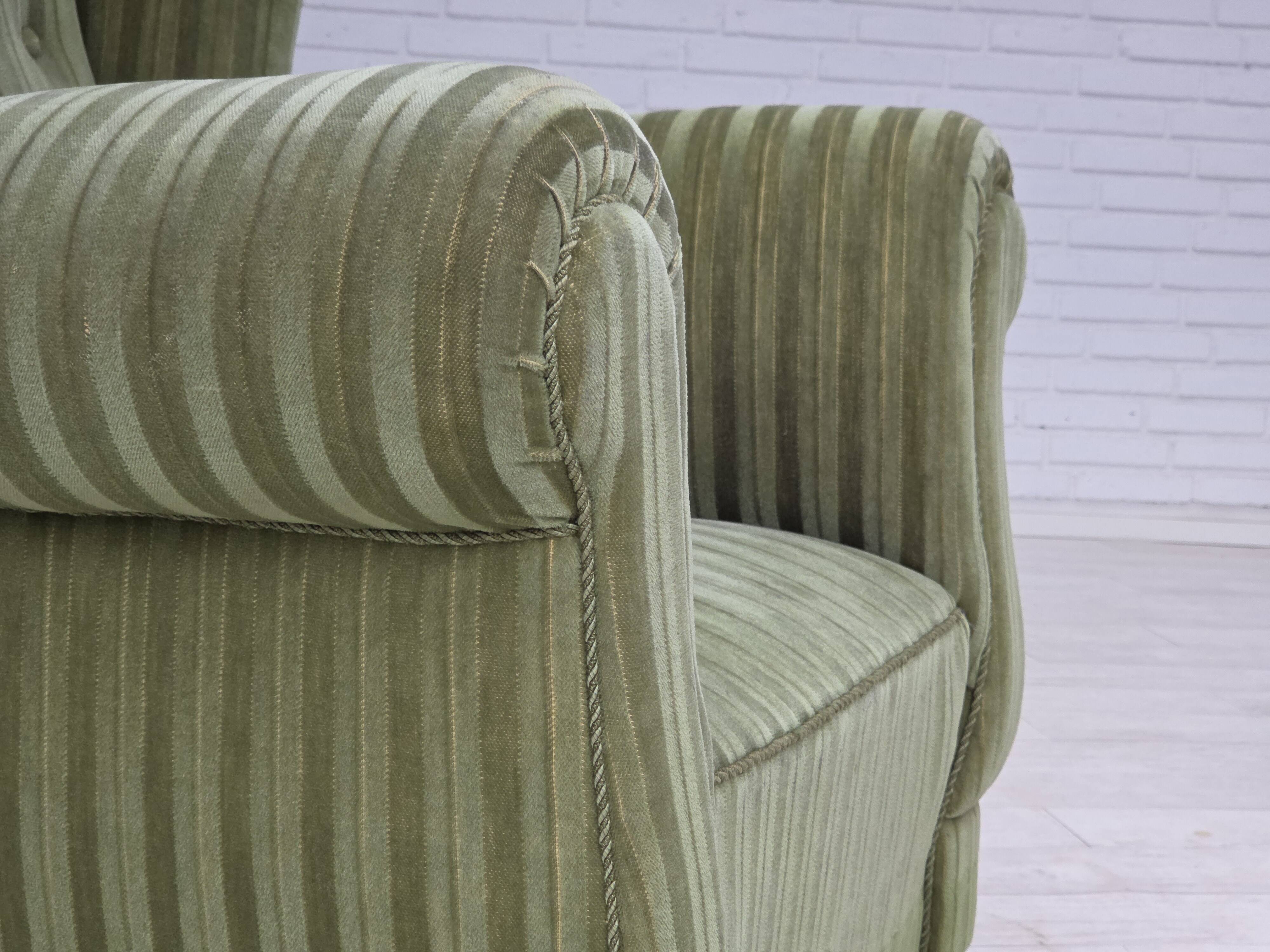 1950s, Danish relax armchair, green furniture velour fabric, ash wood legs.