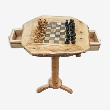 Table d'échecs rustique fait main en bois d'olivier naturel