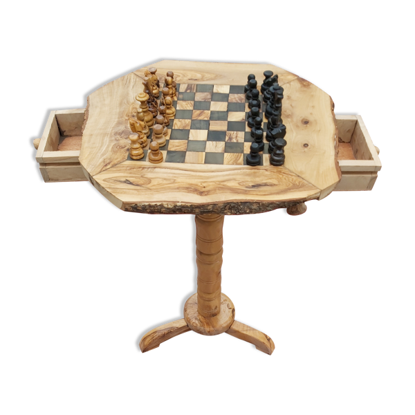Table d'échecs rustique fait main en bois d'olivier naturel