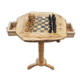 Rustic handmade chess table made of natural olive wood