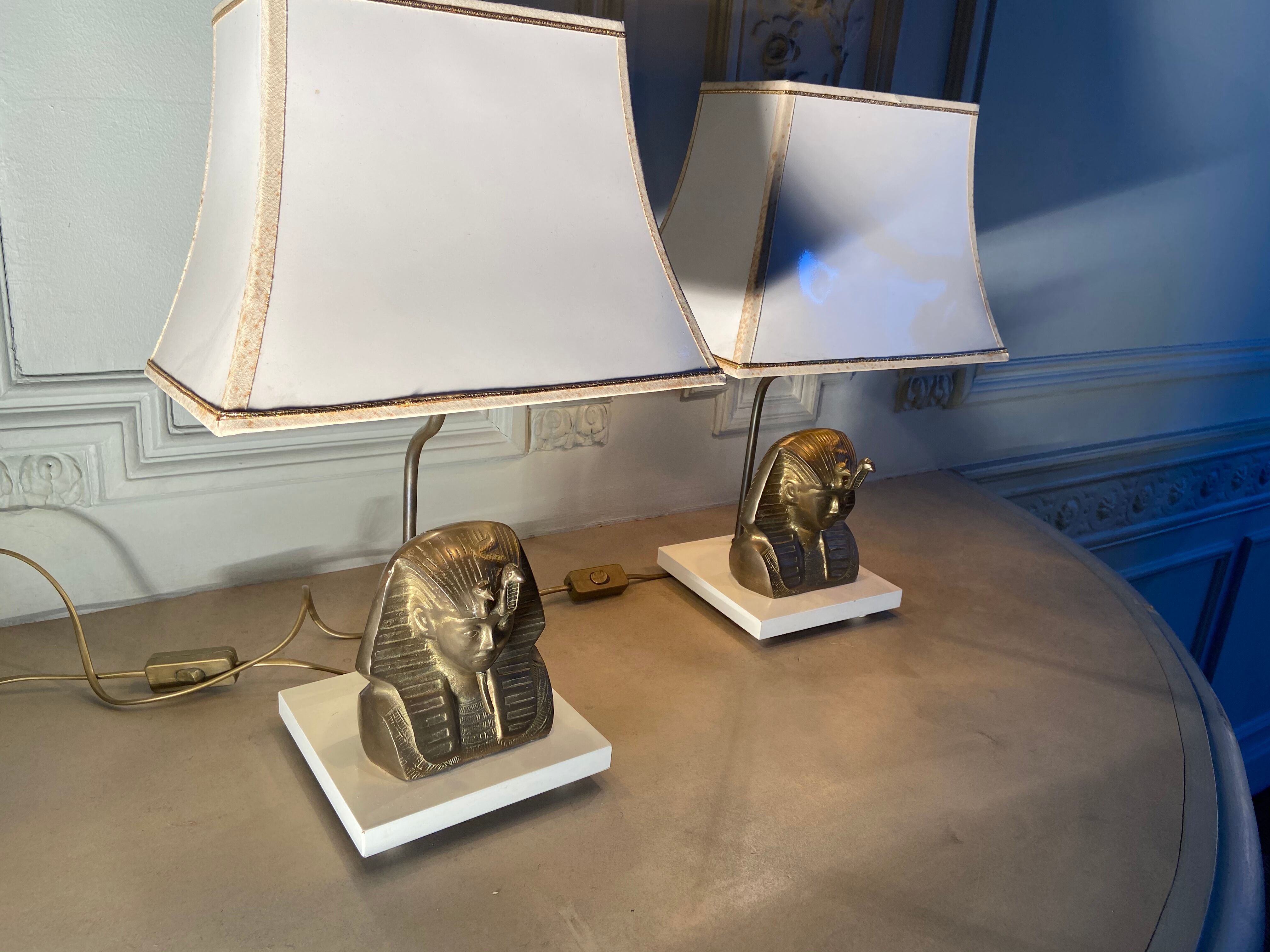 Pair of vintage gilded bronze lamps, pharaoh's face, 1970