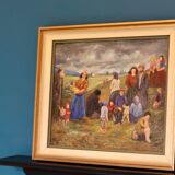 Peinture à l’huile moderniste suédoise originale « Paysage avec des gens » de Tage Rhodin (1899-1983). - Encadré