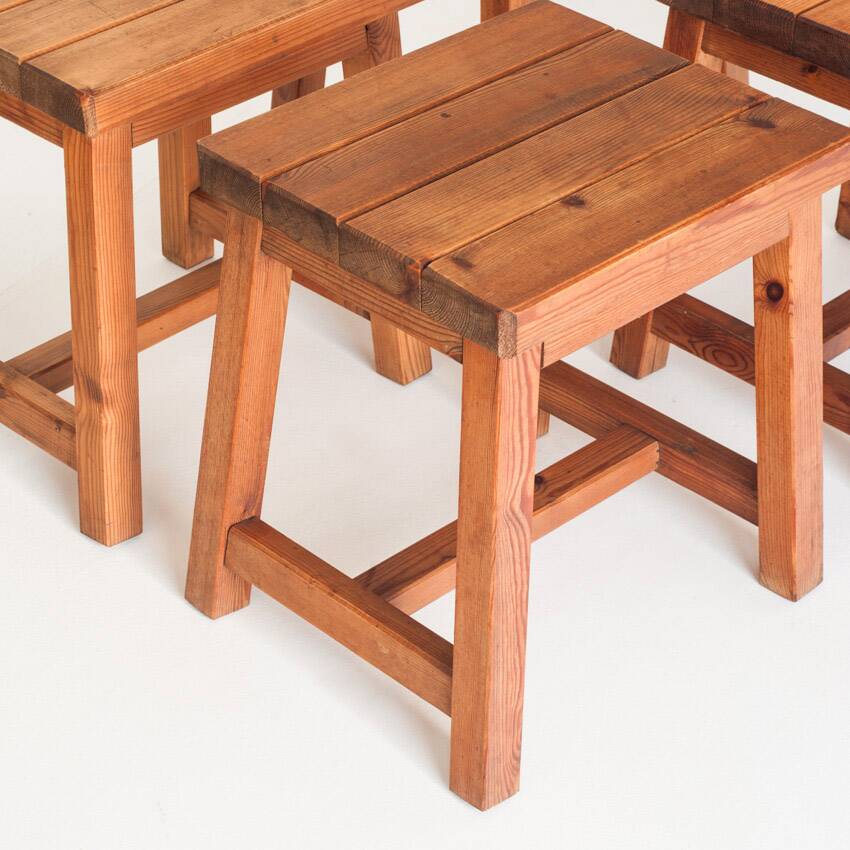 Set of 4 vintage pine stools. France, 1980s