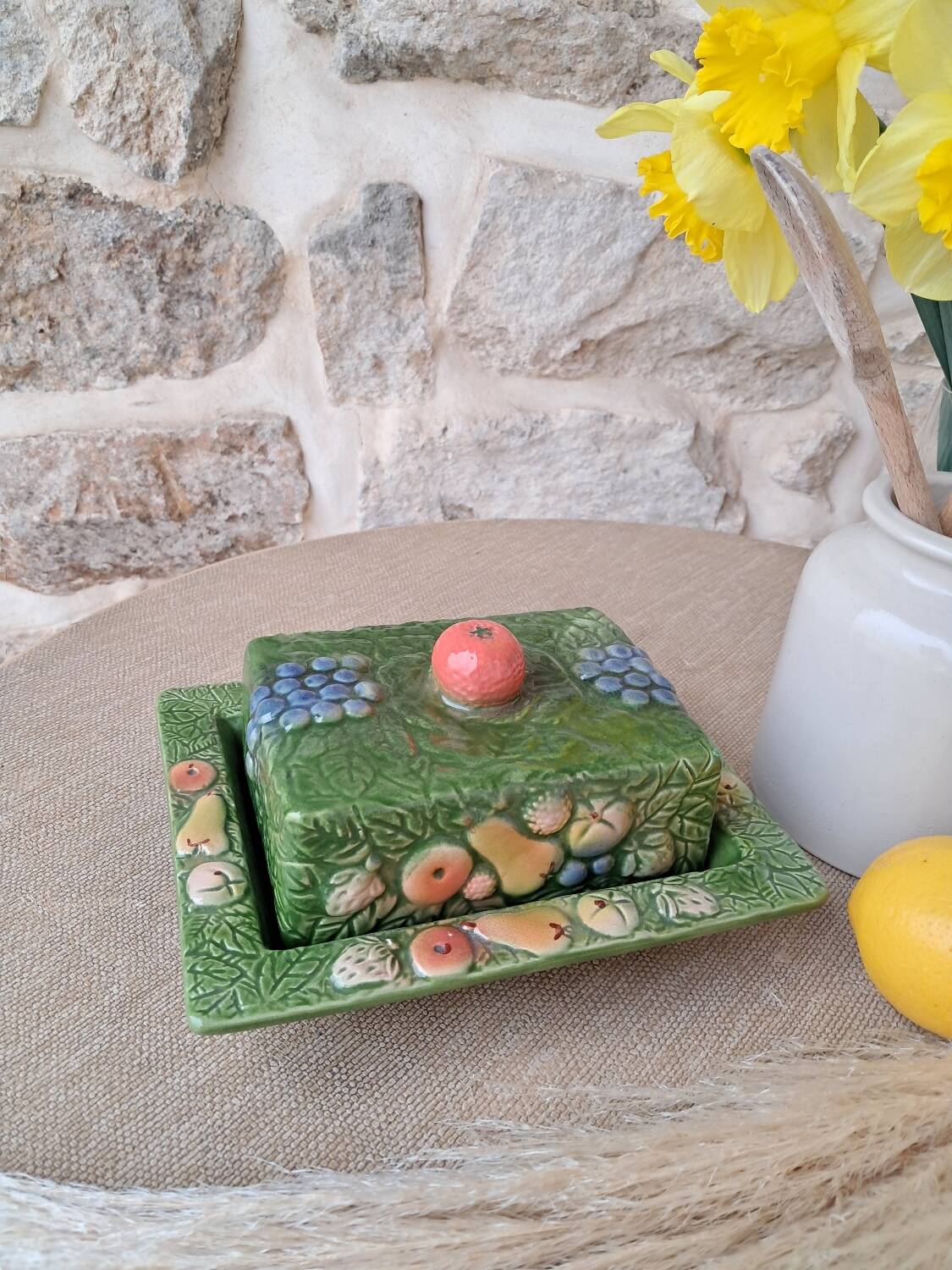 Antique butter dish in slip