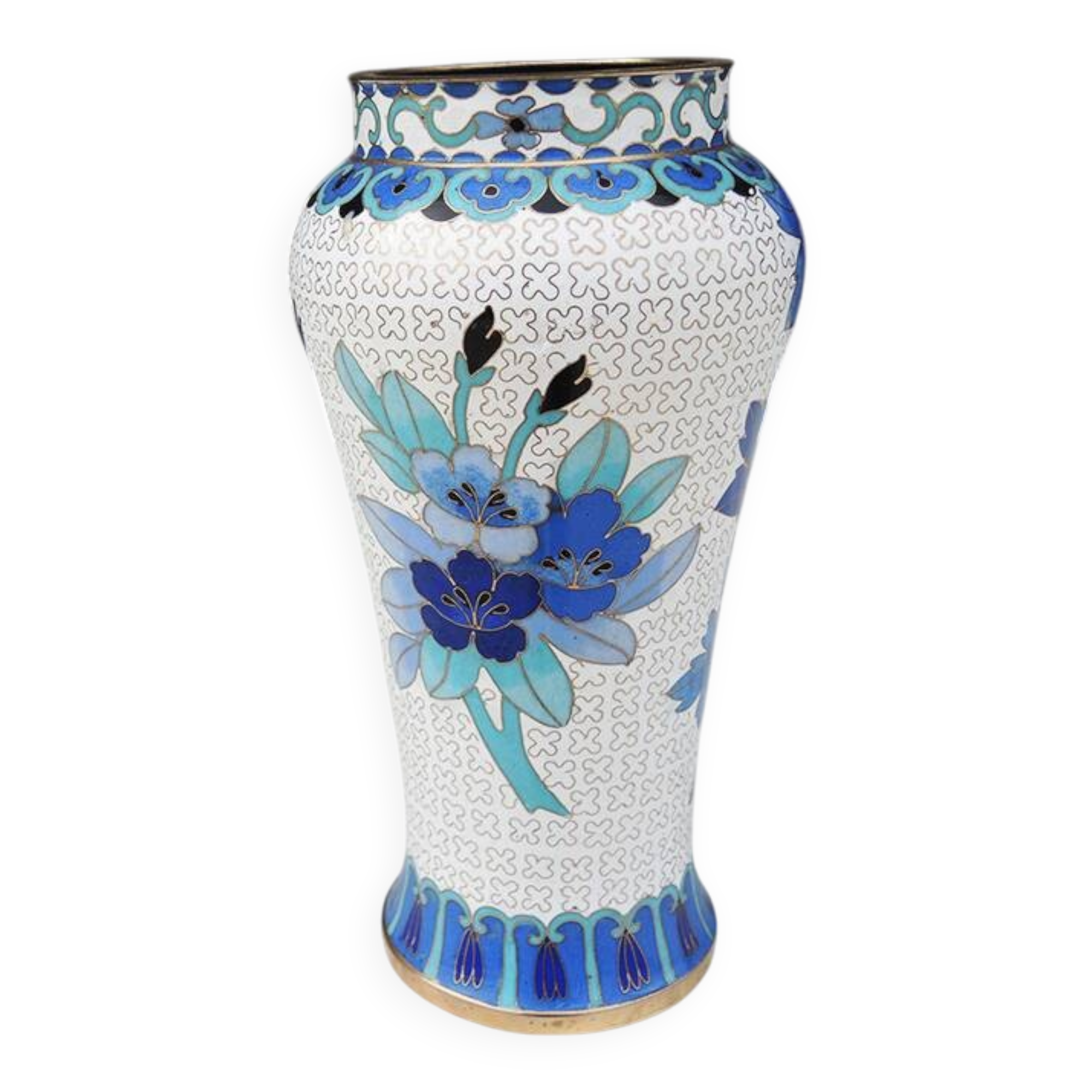 Ancien vase en laiton émaillé décor floral