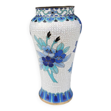 Antique enamelled brass vase with floral decoration