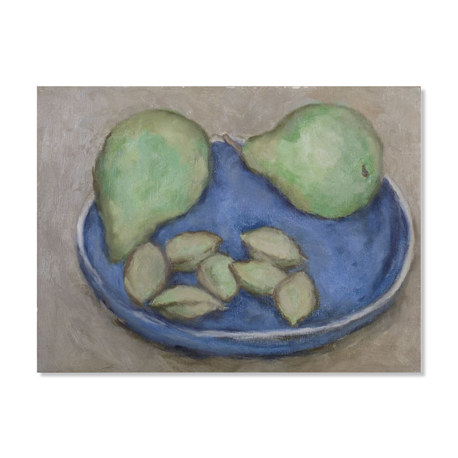 Almonds, green pears and blue plate by Deborah Hanson Murphy