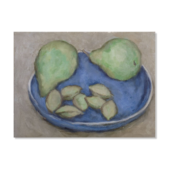 Almonds, green pears and blue plate by Deborah Hanson Murphy