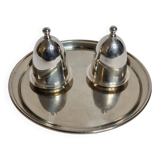 Two egg cups under a silver metal bell with “Gombault” presentation tray, 28 cm