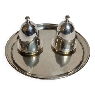 Two egg cups under a silver metal bell with “Gombault” presentation tray, 28 cm