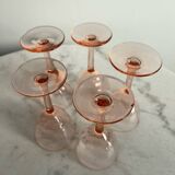 5 small pink glass stemmed glasses