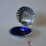 Shell pocket in silver metal and blue glass interior from the 60s and 70s