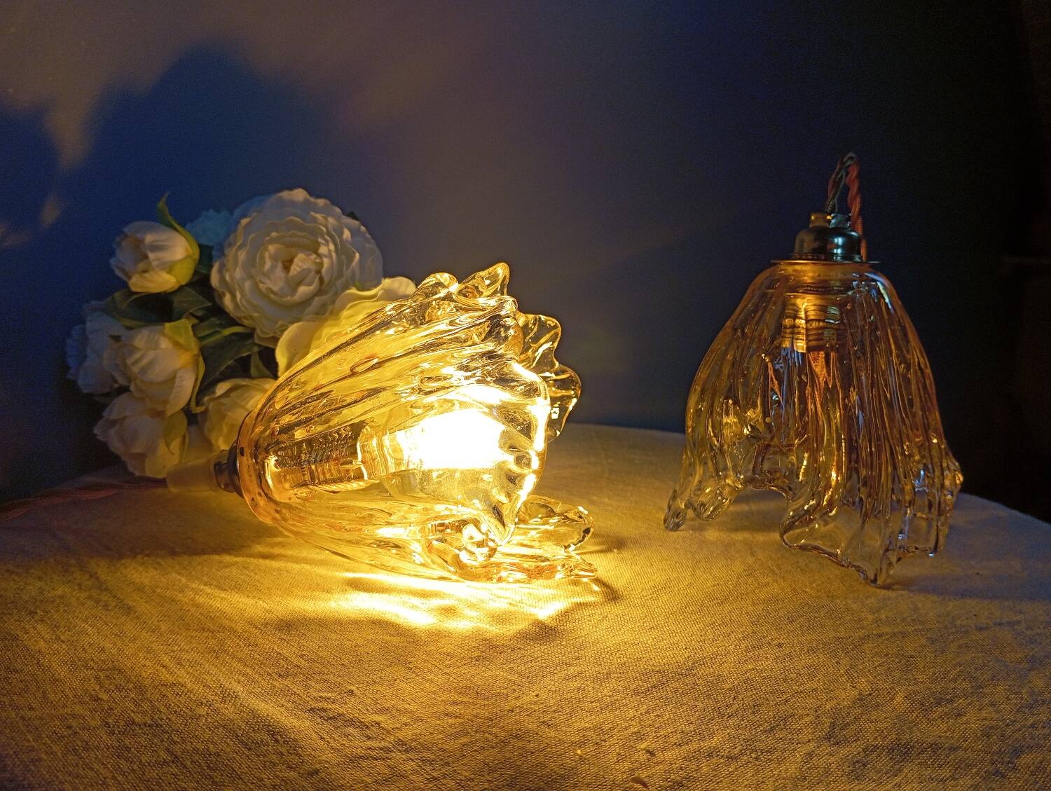 Pair of draped blown glass hanging lamps, ocher twisted wire