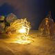 Pair of draped blown glass hanging lamps, ocher twisted wire