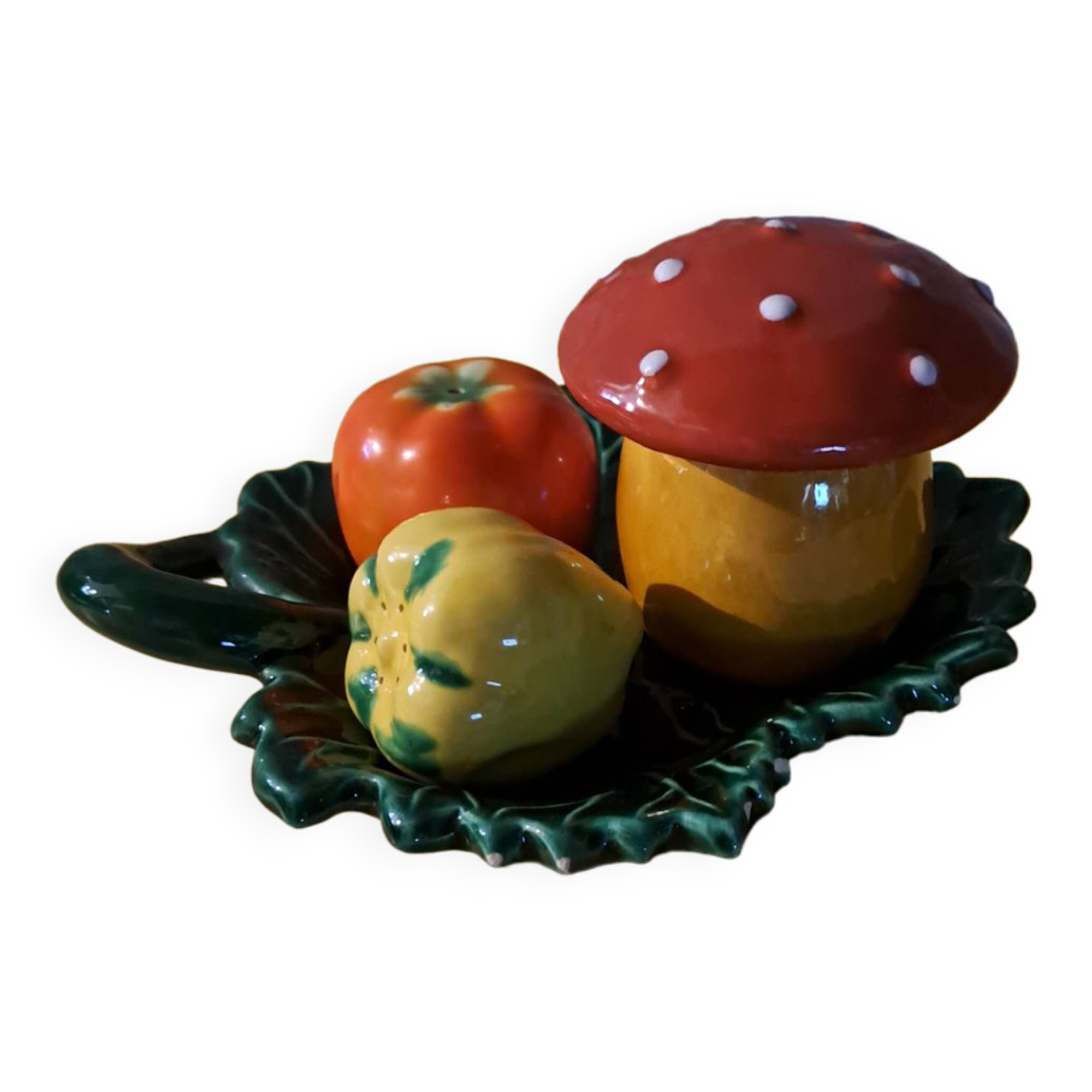 Salt shaker, pepper shaker, mustard slushie Vallauris vegetable and mushroom service