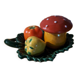 Salt shaker, pepper shaker, mustard slushie Vallauris vegetable and mushroom service