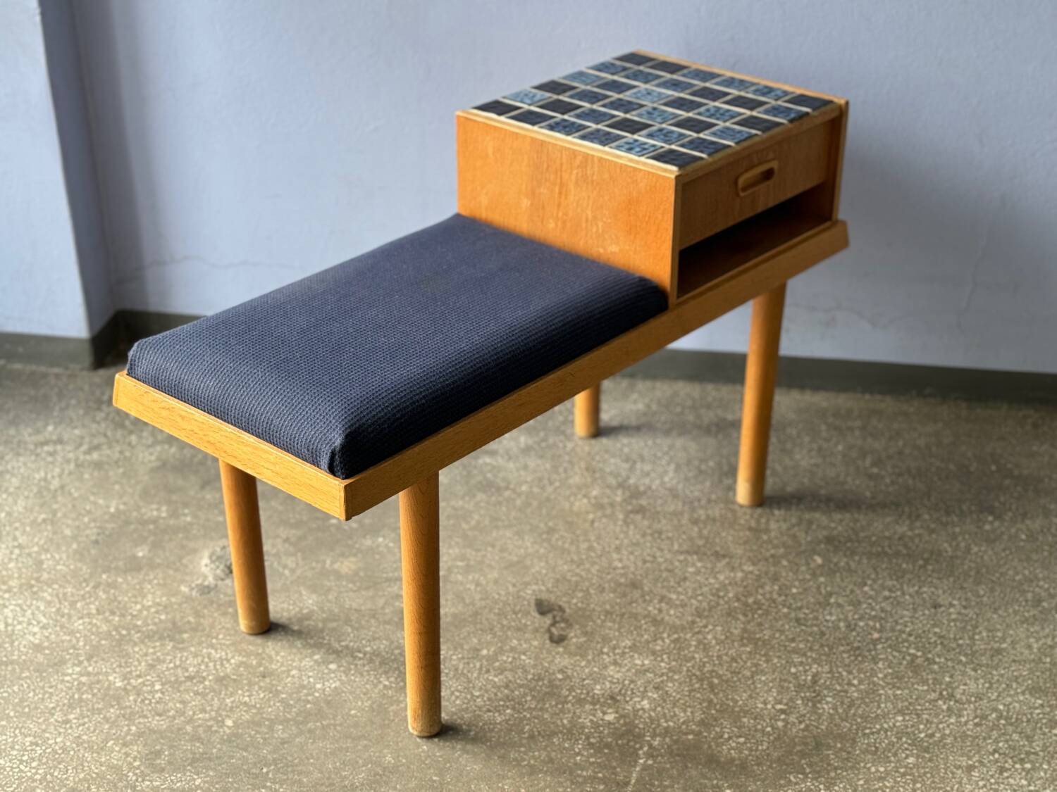 Vintage entryway bench decorated with ceramic tiles, Norway 1960s