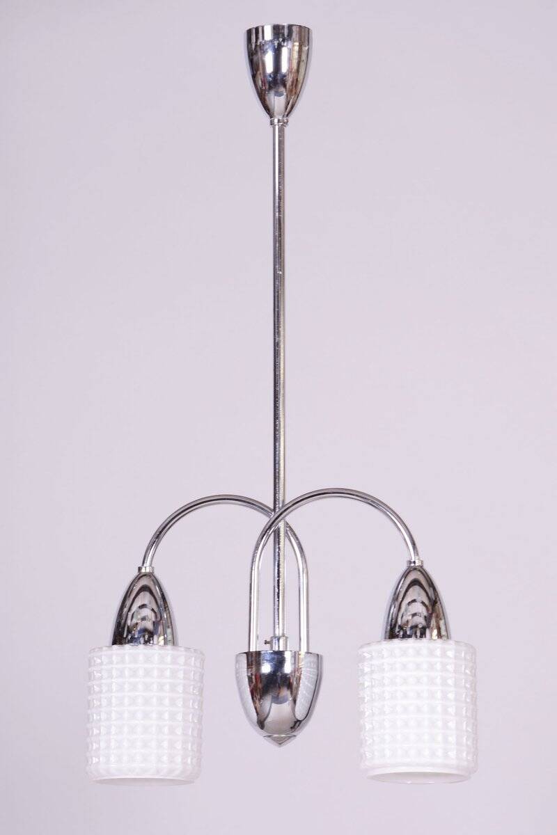 Mid-Century Chandelier in Chrome, Steel and Opaline Glass, Czech, 1960s