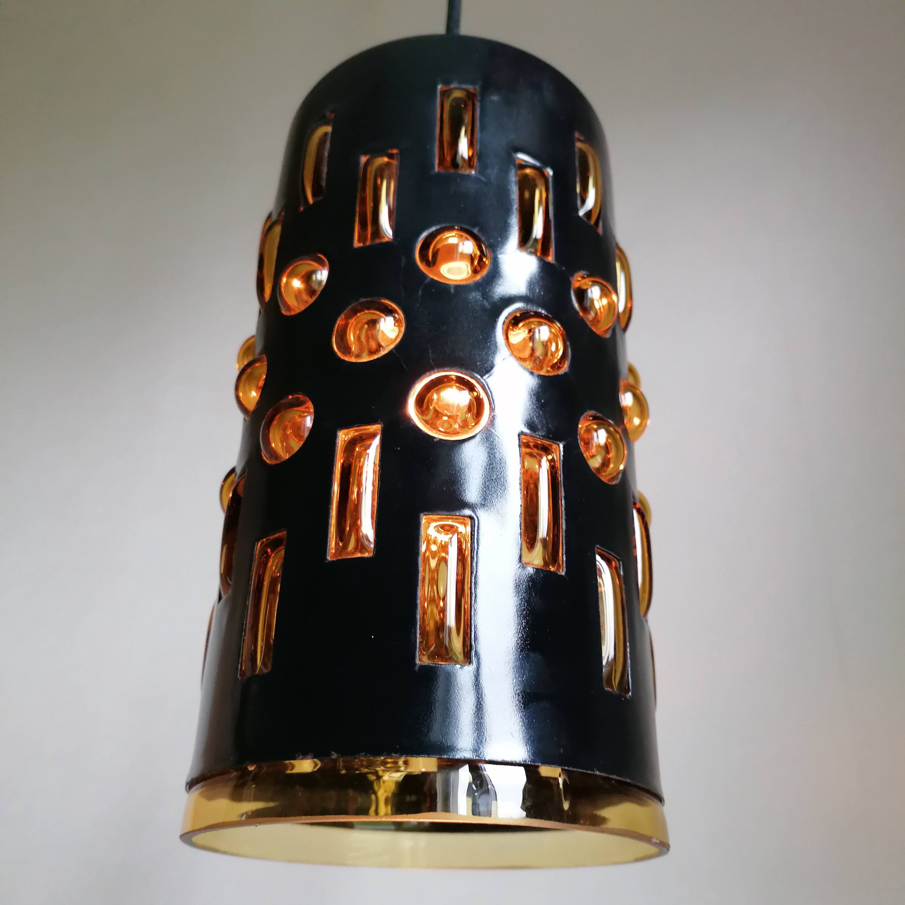 Amber blown glass and midnight blue metal hanging lamp 1960