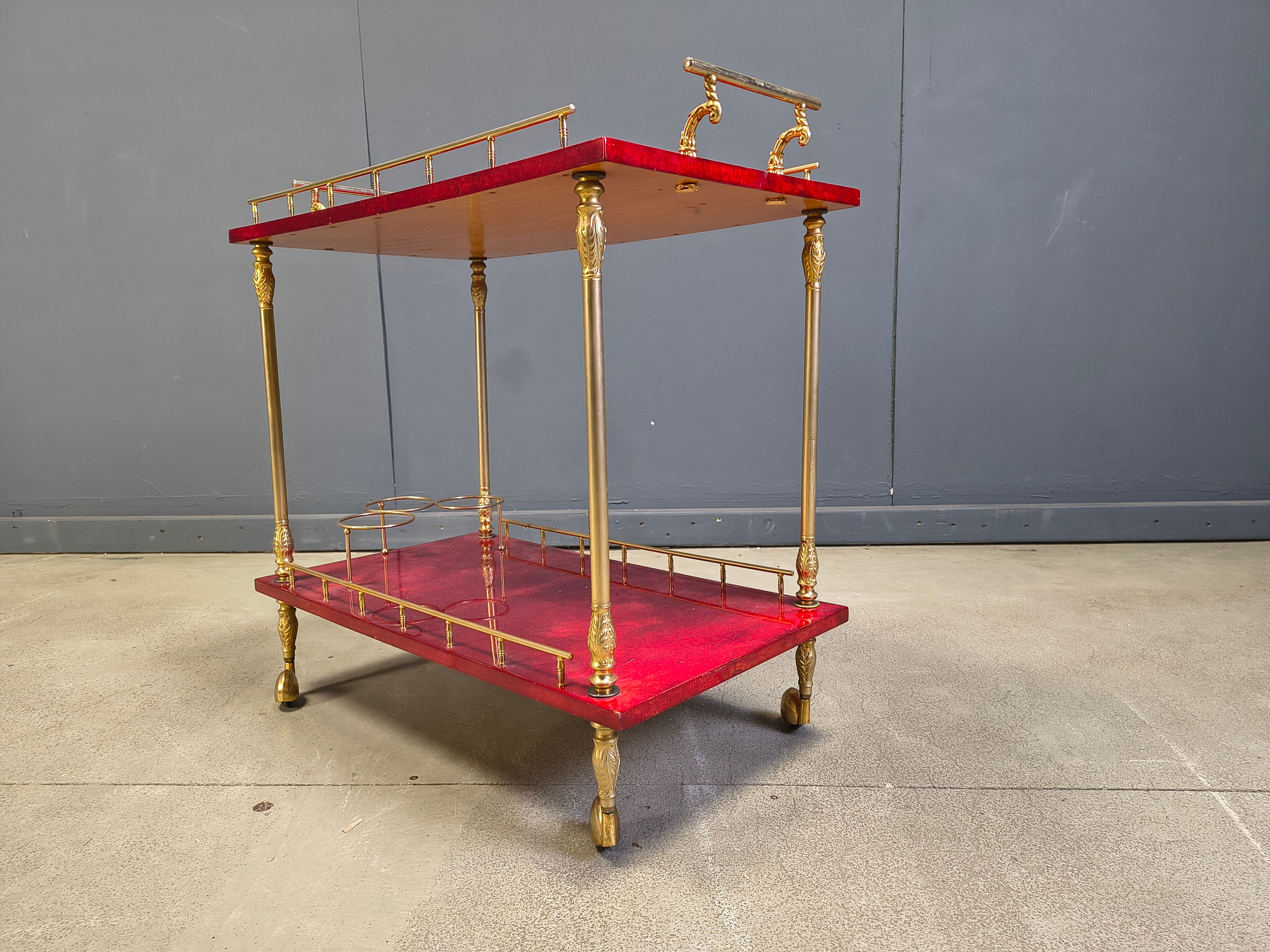 Rare Italian lacquered goatskin / parchment serving bar cart by Aldo Tura, 1960s