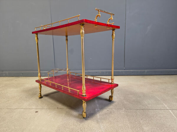 Rare chariot de service en peau de chèvre laquée italienne / parchemin par Aldo Tura, années 1960.