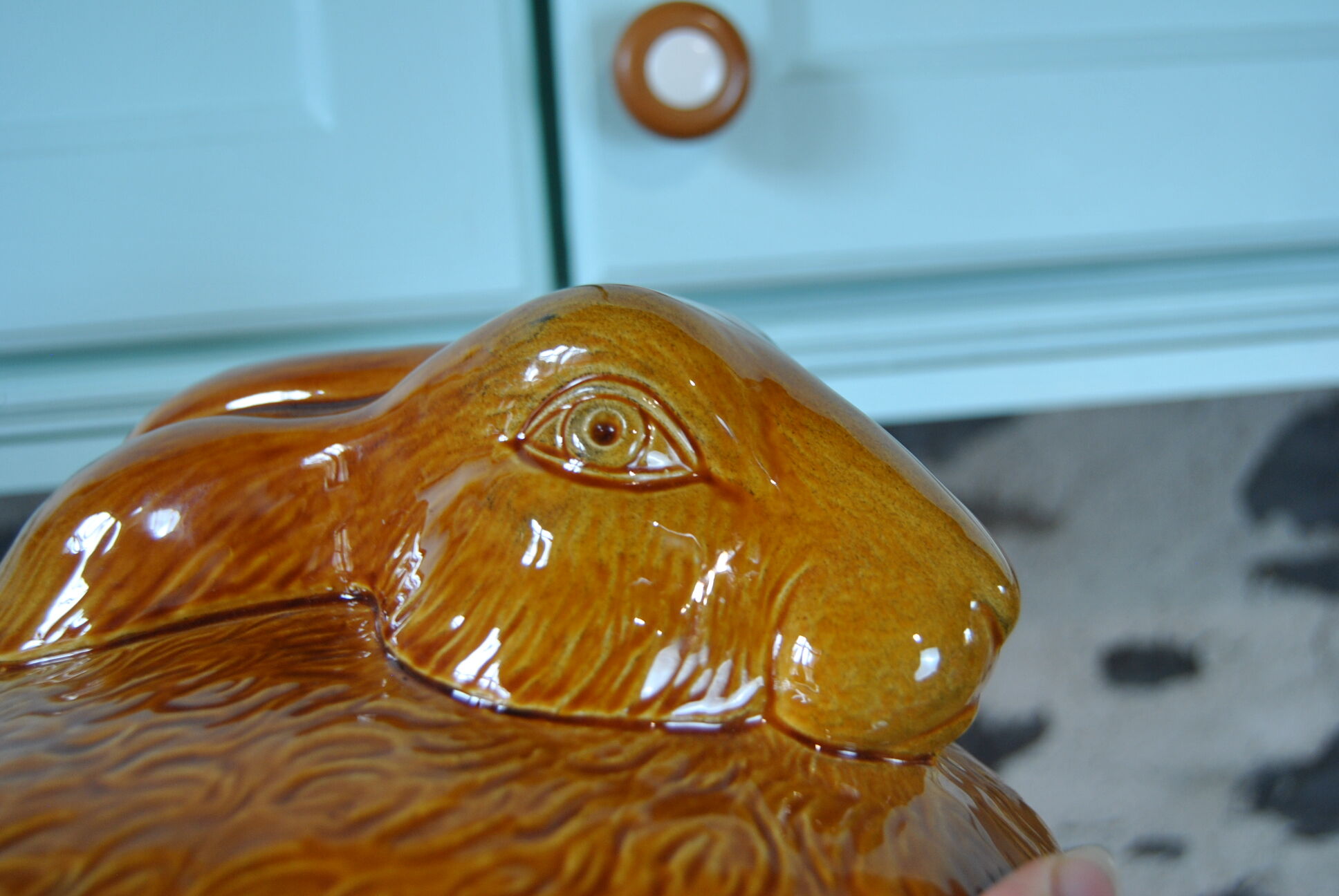 Vintage yellow enamelled rabbit terrine