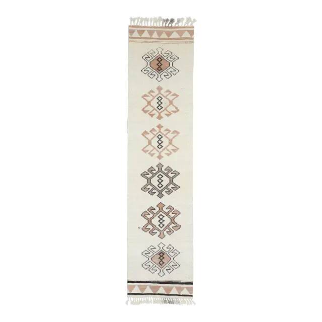 1970s Vintage Turkish Hand-Knotted Wool Cotton Beige Runner Rug 87x366