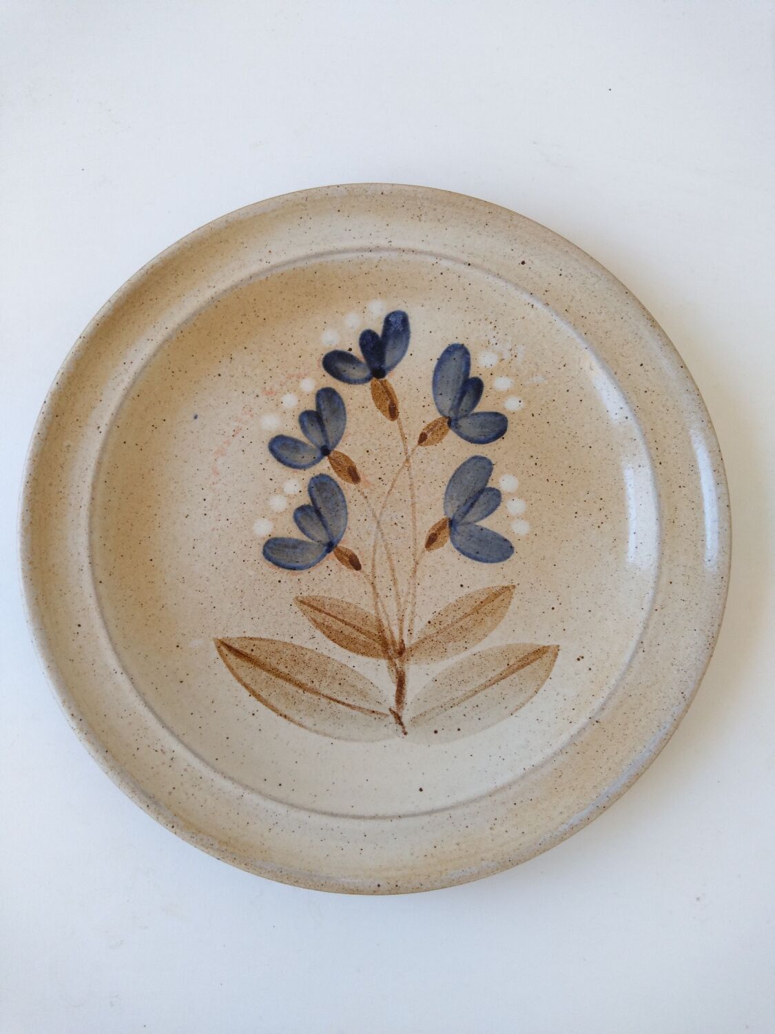 Flat plate in Marais sandstone France beige with blue, white and brown floral decoration