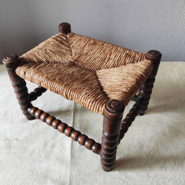 Repose-pieds ancien en bois tourné bobine et paille