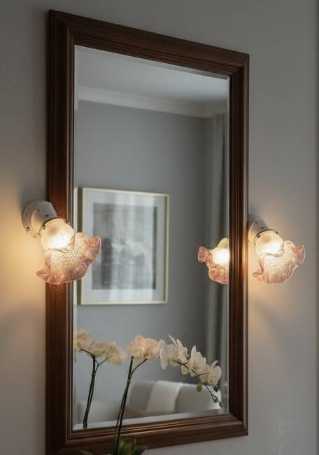 Pair of porcelain wall lights with pink glass tulips, Art Deco.