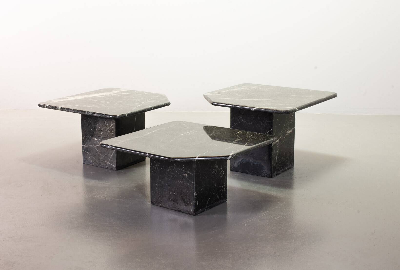 Italian Trio of Black Carrara Marble Side Tables with Oblique Angle, 1970s.