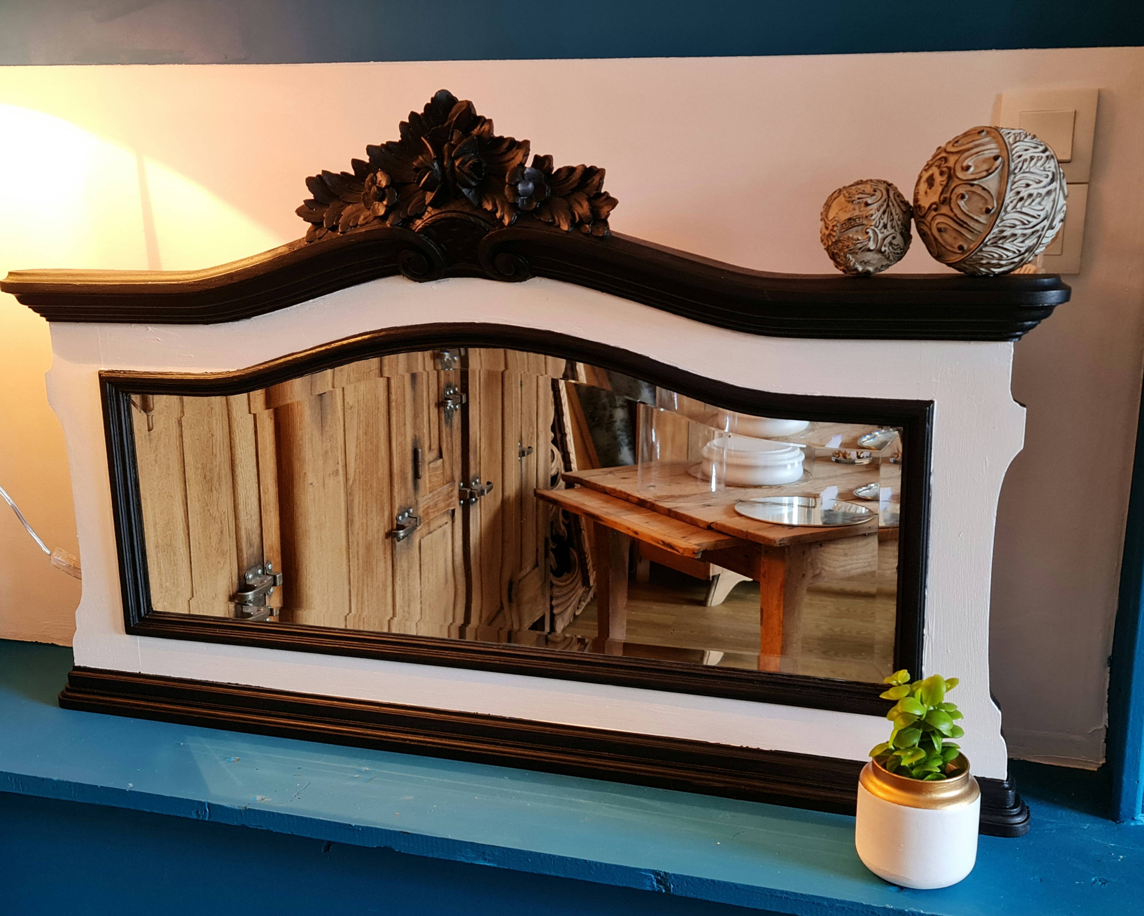 Old mirror beveled white mirror and black moldings