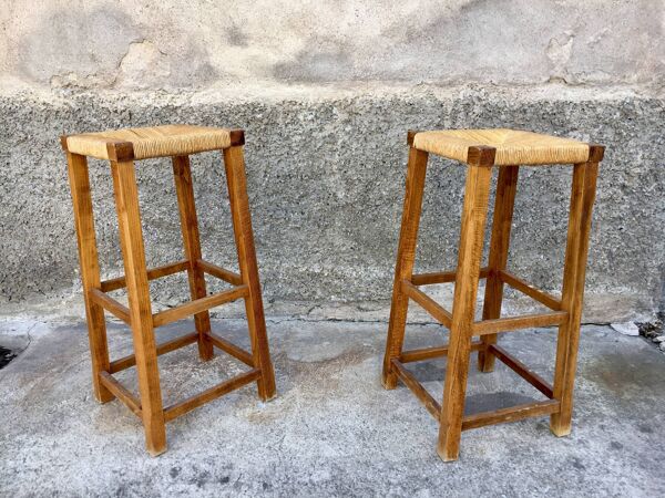 Paire de tabourets porte plante paille bout de canapé bois massif 1950 décoration meuble vintage