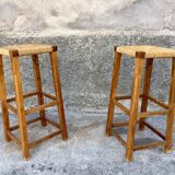 Pair of stools straw end of sofa solid wood 1950 decoration vintage furniture