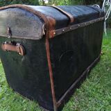 Malle de calèche cuir osier laiton lin