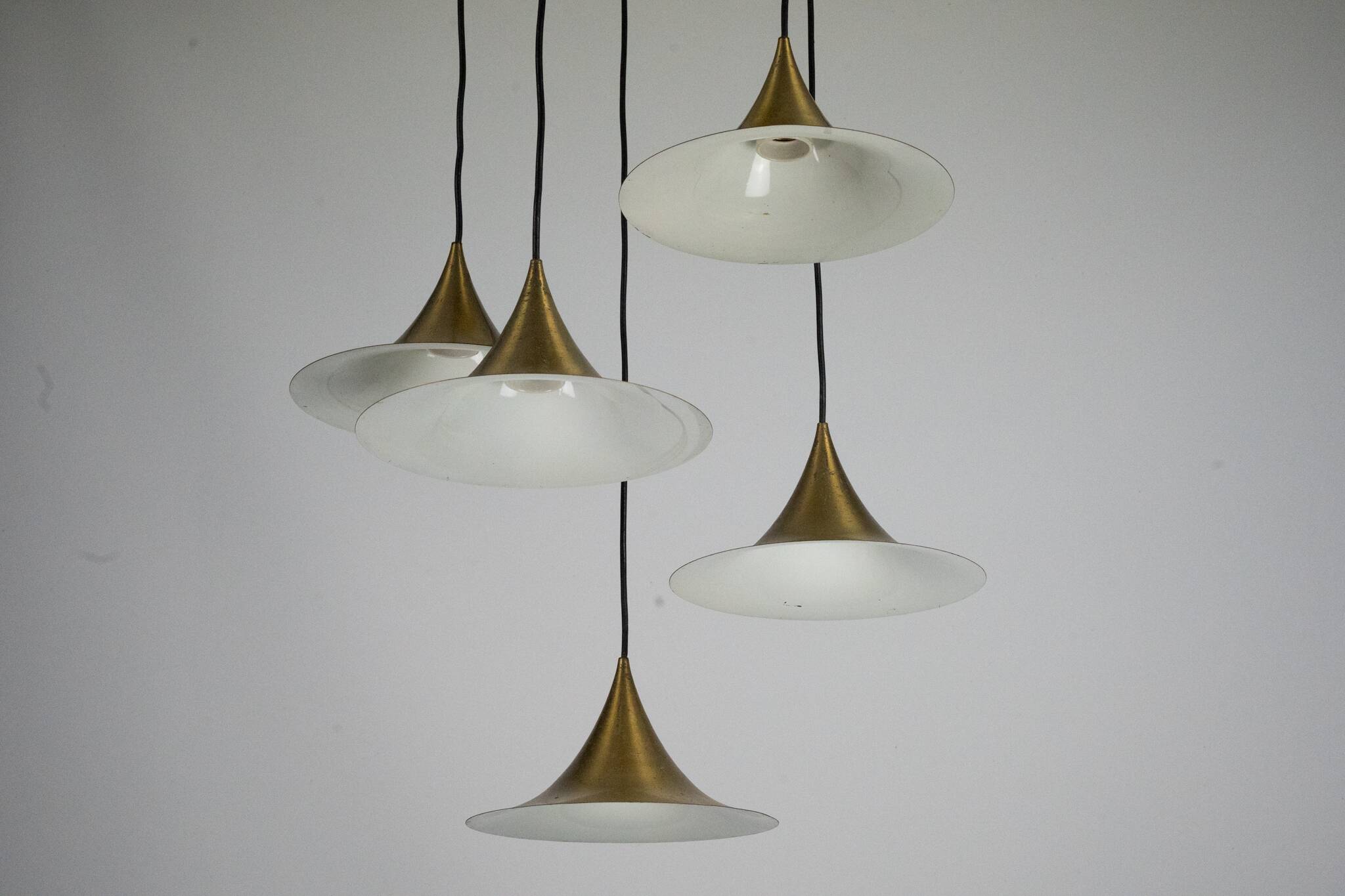 Fog & Morup, Midcentury Brass Pendant with Five Pendant Drops. Danmark 1960