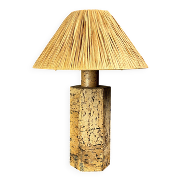 Lampe de table en liège épais des années 1970 avec abat-jour en raffia, style Ingo Maurer.