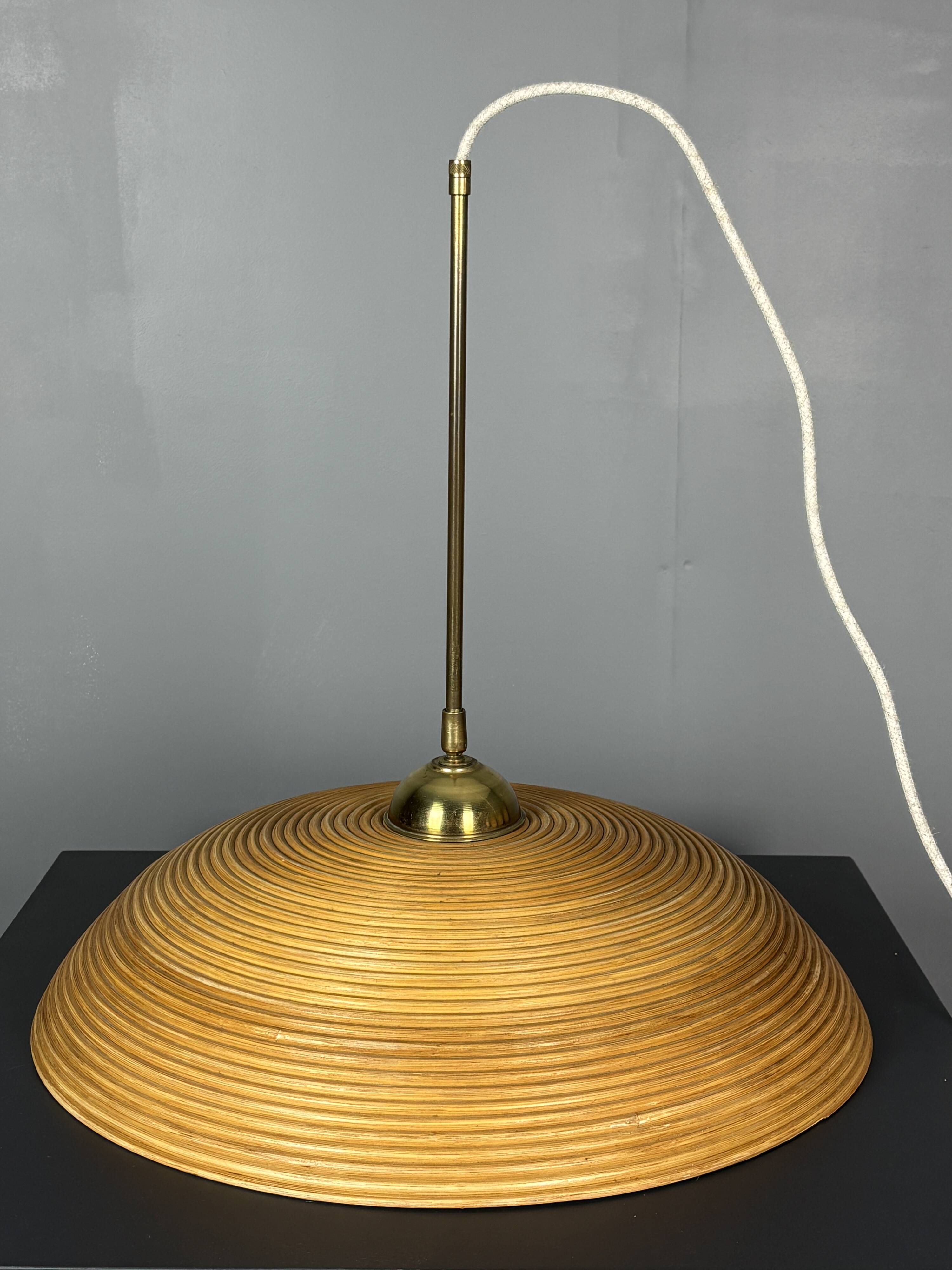 Set of 3 midcentury rattan bamboo pencil reed hanging pendants, Italy 1970s