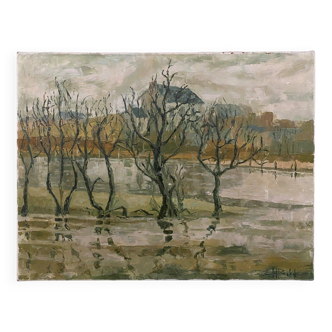 Huile sur toile signée paysage arbres XXe