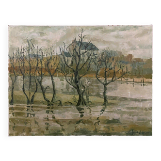 Oil on canvas signed landscape trees 20th century