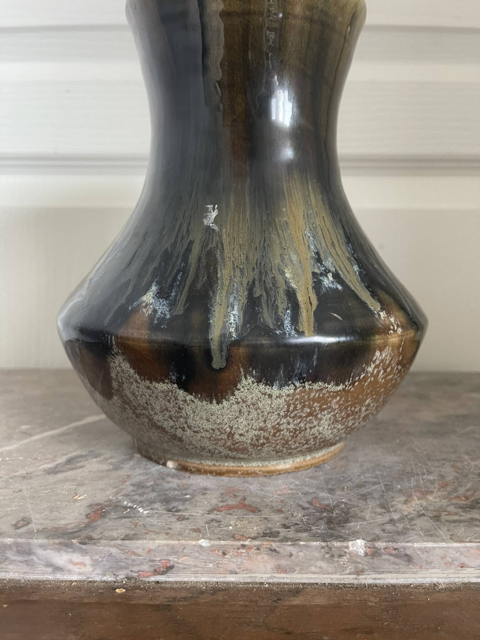 Old Vase Pot ATELIER ART LABREC Glazed Stoneware Green Brown France Pottery