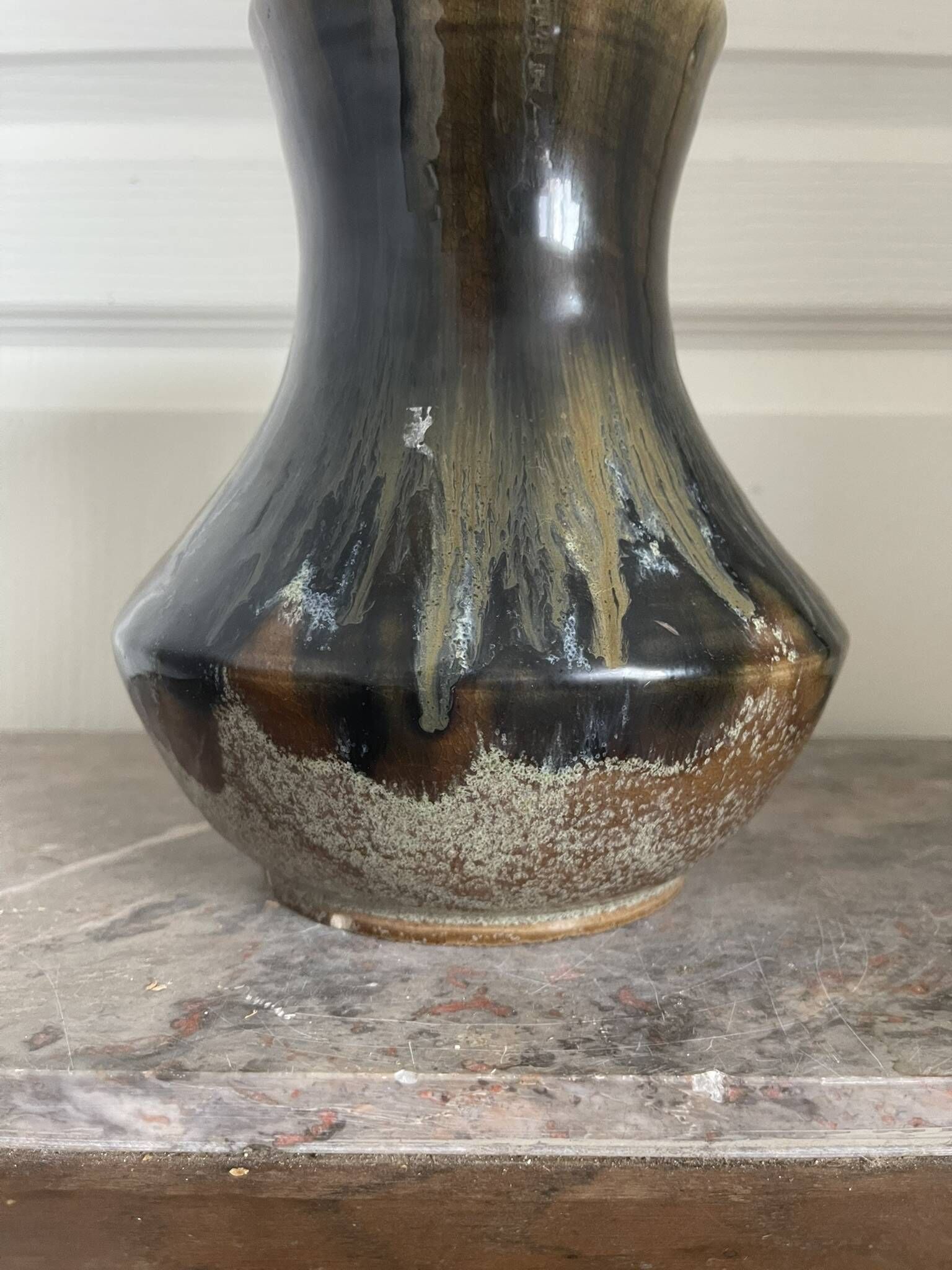 Old Vase Pot ATELIER ART LABREC Glazed Stoneware Green Brown France Pottery