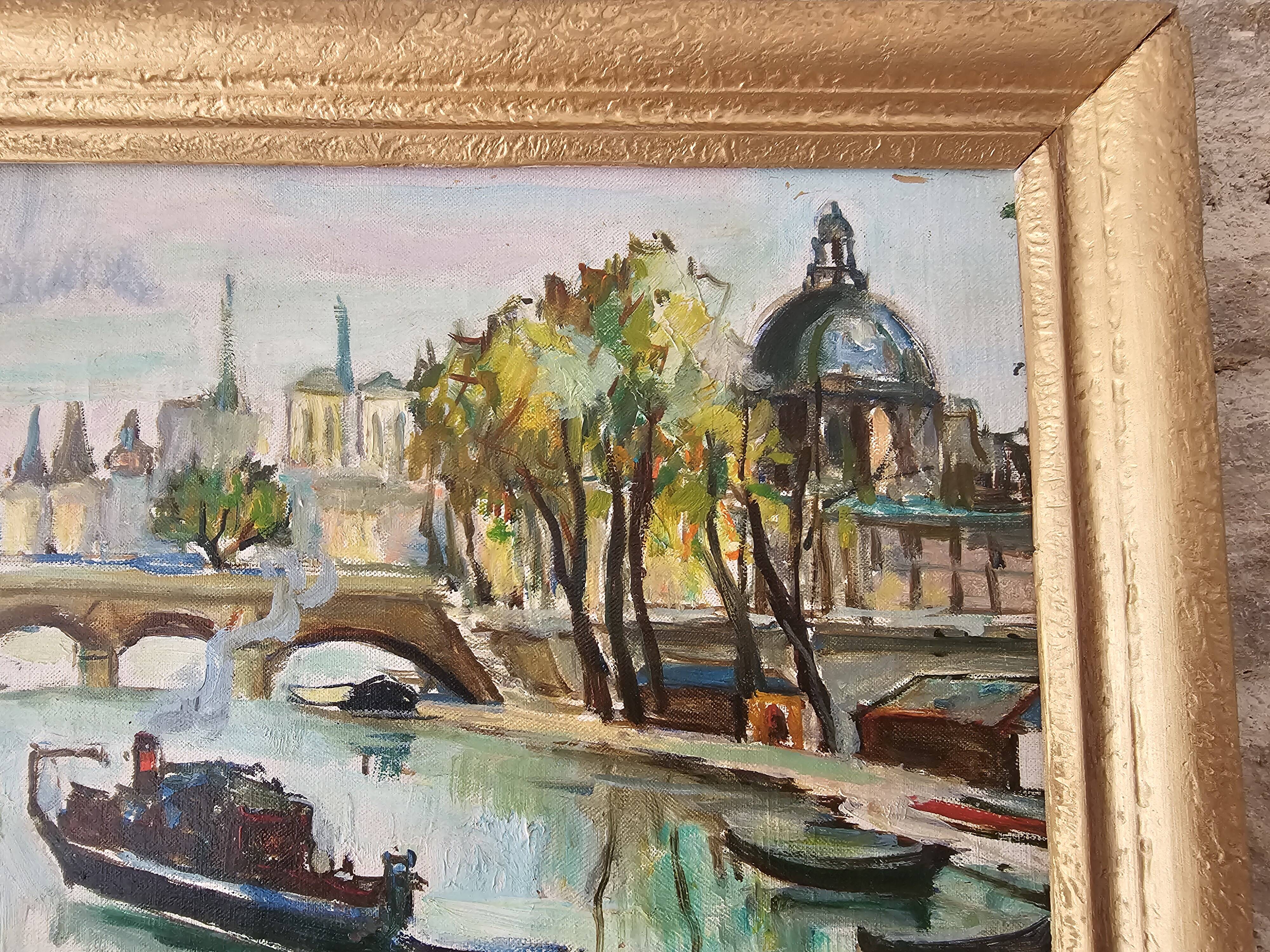 Oil Painting on Canvas Paris on the Seine - signed Raphael Pricert 1903 -