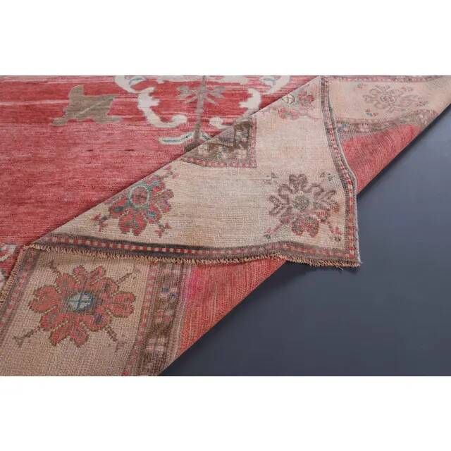 Vintage Turkish Oushak handmade pink cotton wool runner rug 163x370