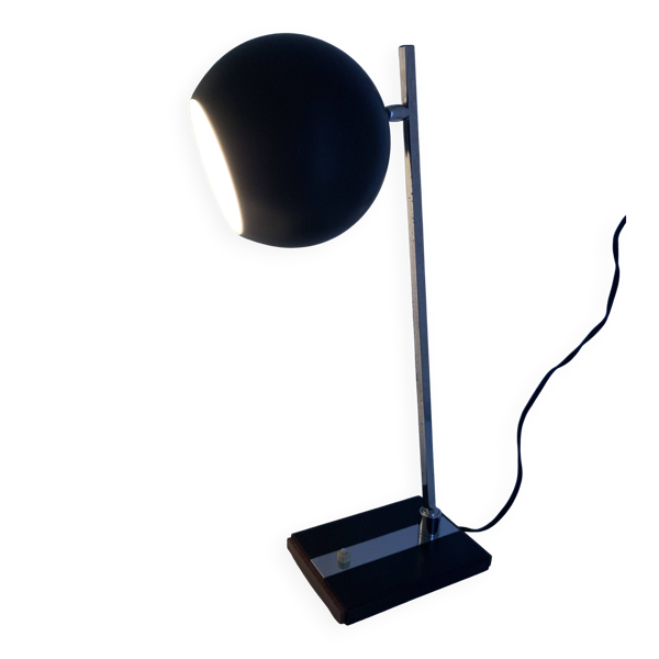 Grande lampe vintage 1960 eyeball design noir et bois bureau - 50 cm