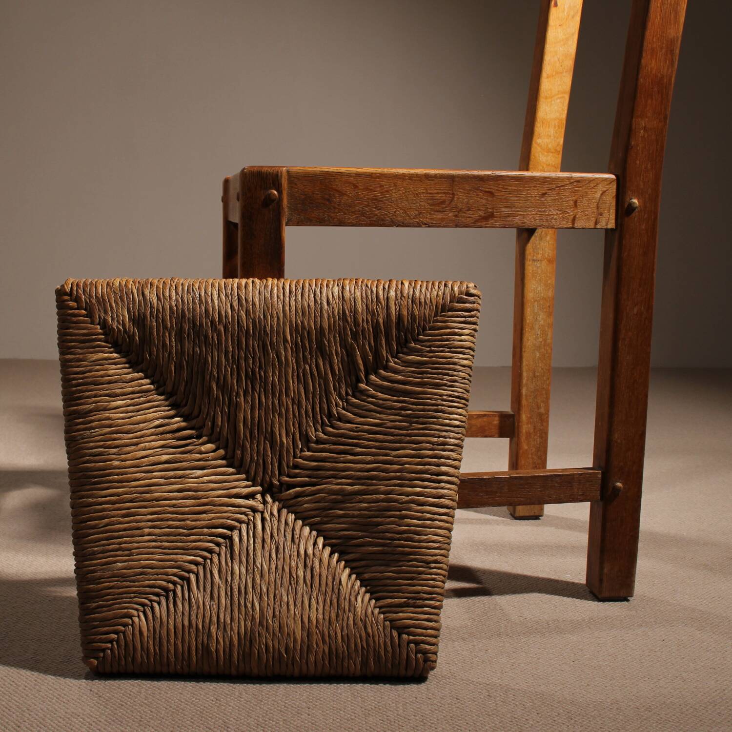 Brutalist Pair of Oak & Rush Chairs | Europe 1960s