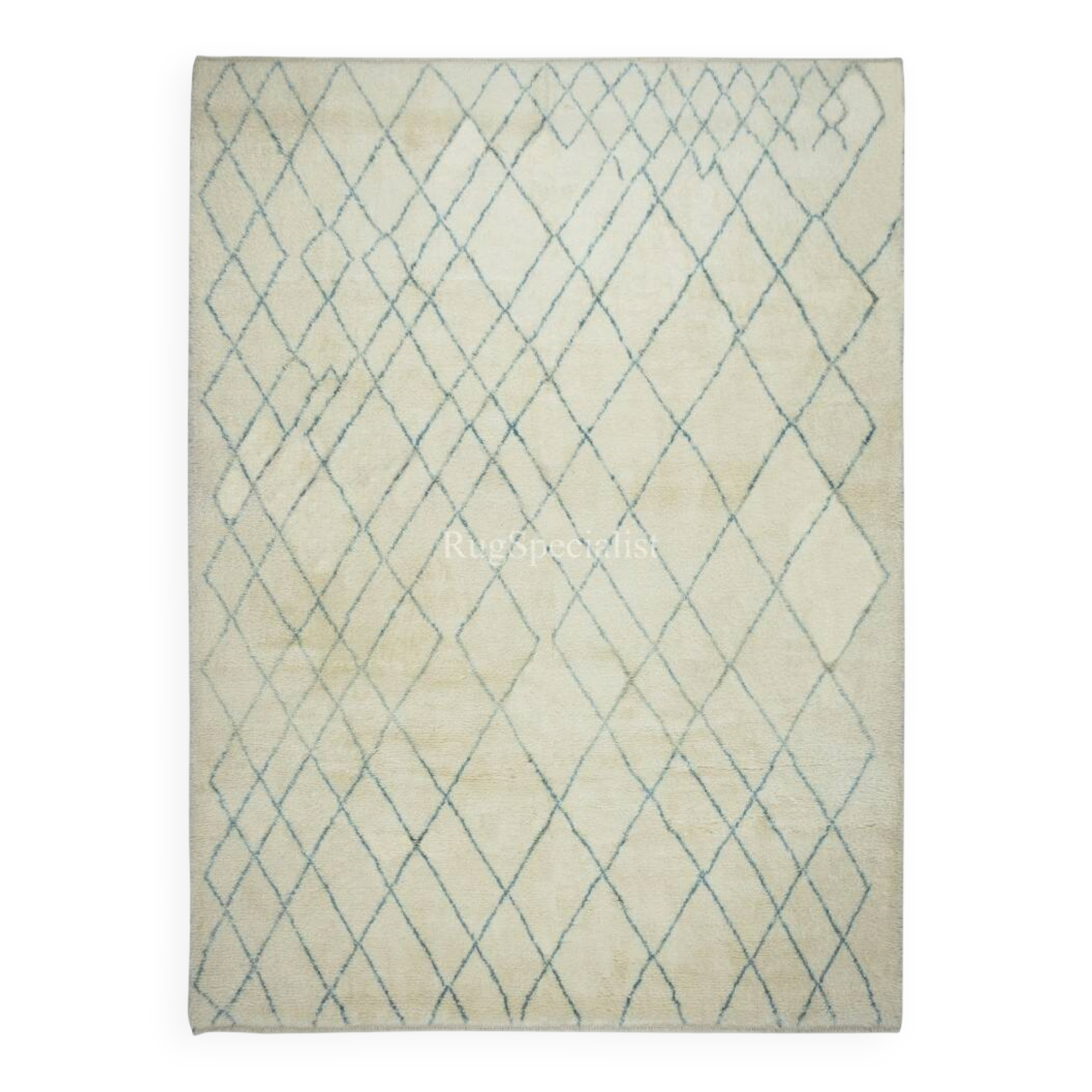 Moroccan Tulu Rug in Beige and Teal Blue Colors, 100% Wool, Beni Ourain Carpet