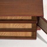 Small Japanese cabinet with sliding doors, Kabuki decoration, made of paulownia wood, early Showa period, circa 1926–1970.