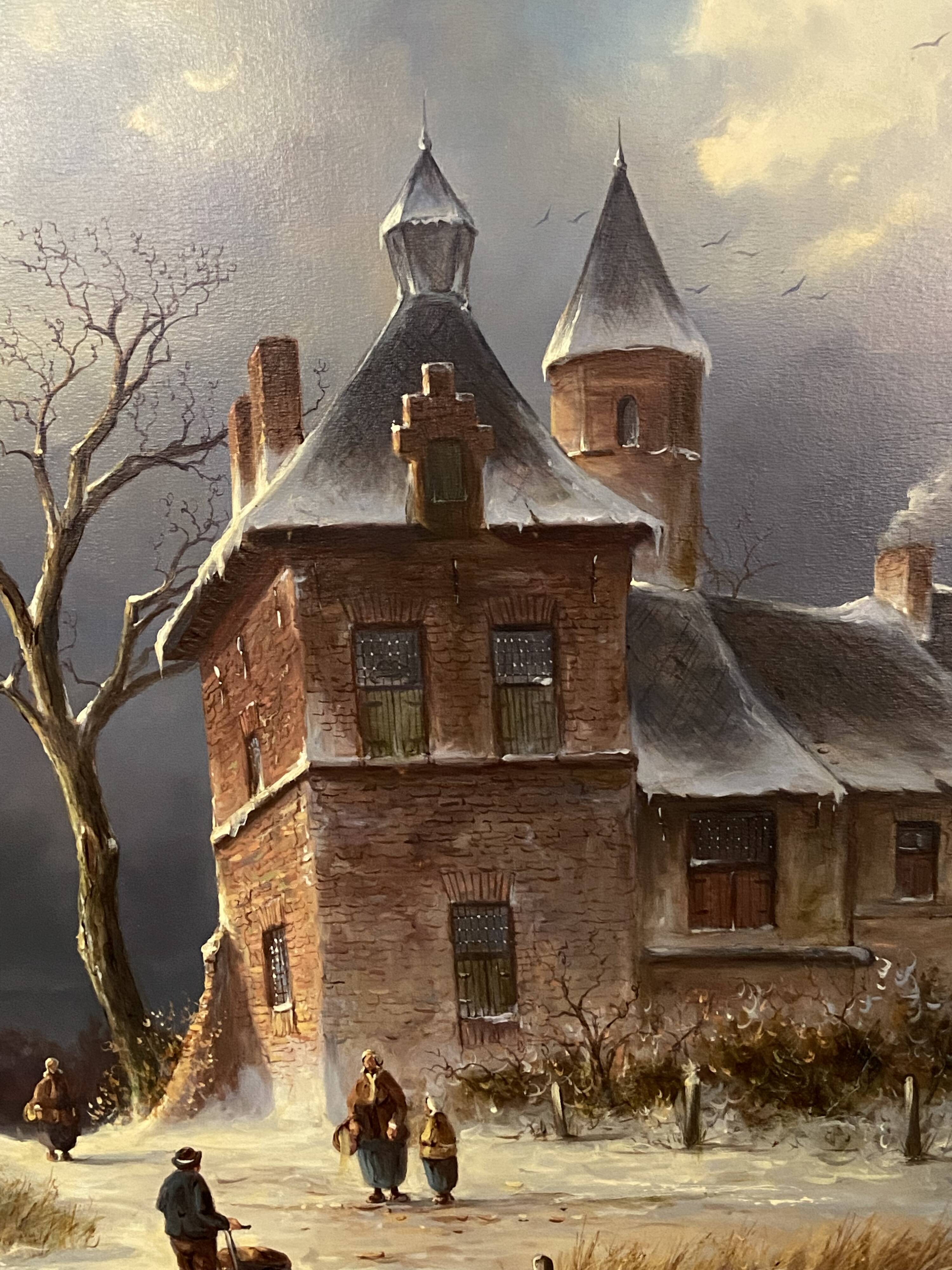 Huge oil painting on canvas Dutch school winter landscape 164x132