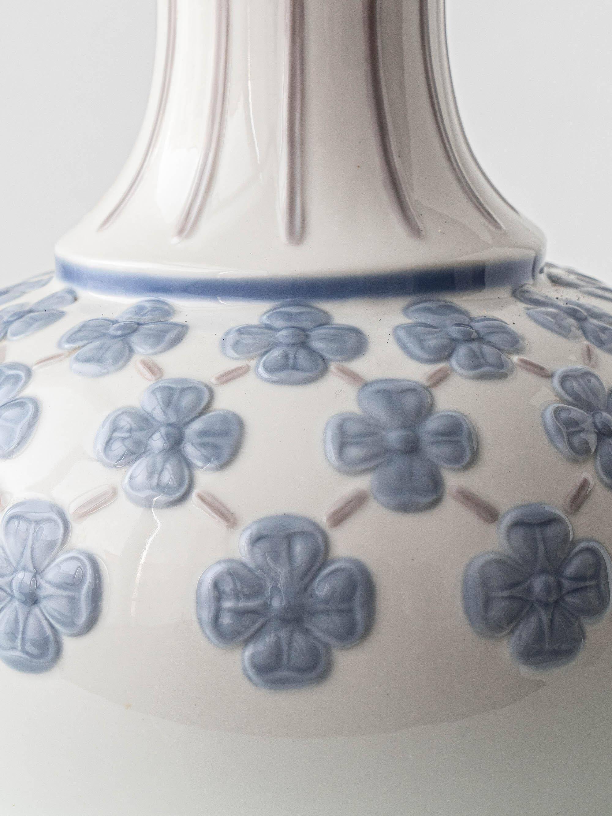 Blue and white porcelain table lamp by Lladró with floral shade in new silk.